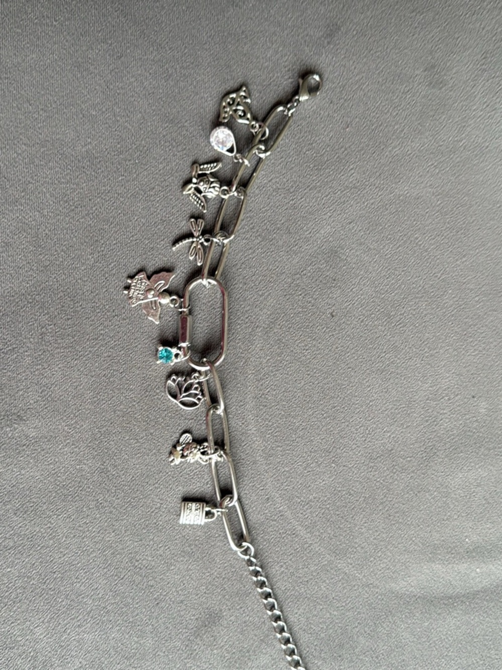 Silver Charm Bracelet Blue Crystal Accent Angels Lotus Dove